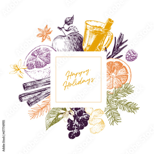 Happy holidays abstract  mulled wine ingredients card with square frame banner. Festive coloured elements. Autumn mood illustration