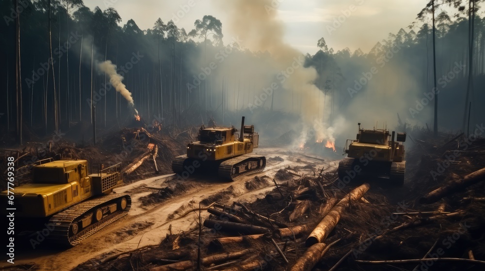 Smog and destruction in the amazon jungle, Huge logging machines.