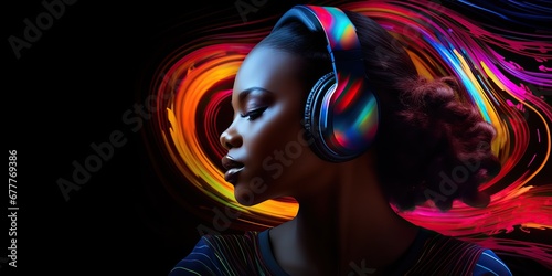 African woman wearing headphones, enjoying music beats, feeling emotions in vibrant color pulse, colorful dynamic sound vibes, abstract digital light effects on black background photo