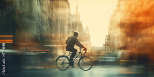background man rides a bicycle around the city, blur. ai generative