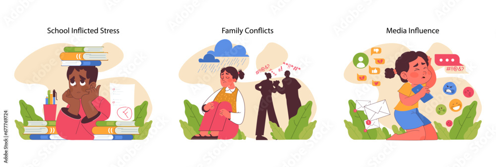 Childhood neurosis set. Children feeling anxious and depressed. School stress, media role, family dynamics. Learning to deal with external pressures and heavy emotions. Flat vector illustration