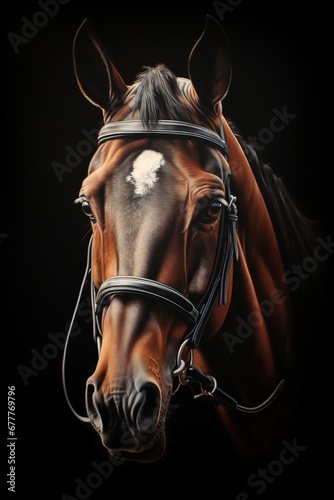 Horse head in harness against a black background, illustration © AlDa.videophoto