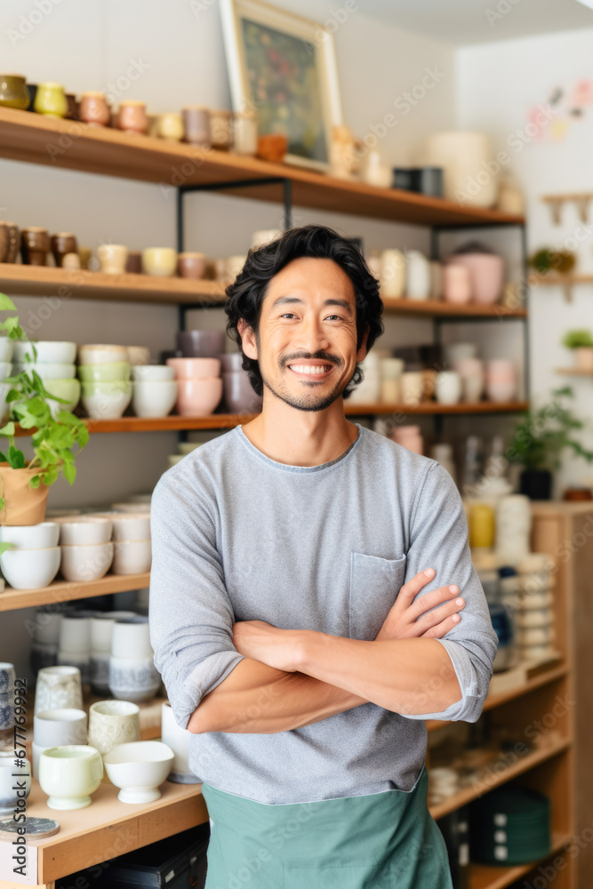 Japanese Shop Owner's Smiles of Achievement. His hard work pays off as he proudly opens his store.
