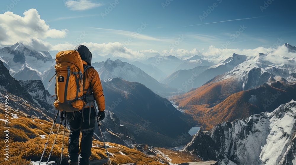 A traveler in a yellow and black jacket stands on a rocky ledge with a backpack, a breathtaking landscape of forests and rivers. The mountains recede into the distance under a partly cloudy sky. Conce