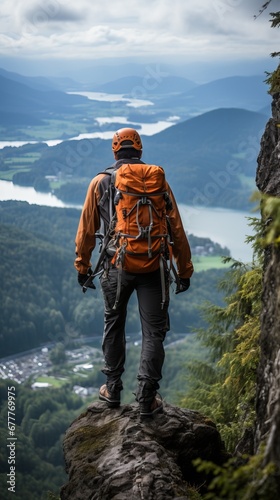 A traveler in a yellow and black jacket stands on a rocky ledge with a backpack, a breathtaking landscape of forests and rivers. The mountains recede into the distance under a partly cloudy sky. Conce