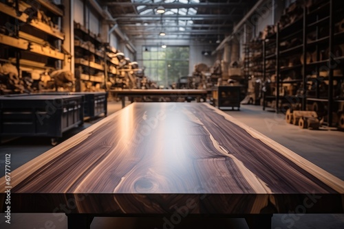 Walnut wood planks in luxury workshop, Wood processing, Wooden furniture. photo