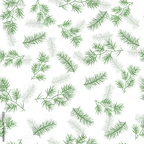 Winter seamless pattern. Christmas tree branches and leaves on white background. Pine needles texture.