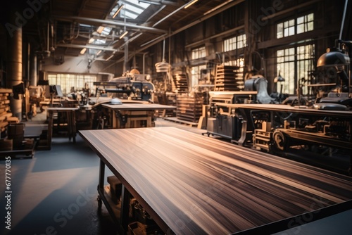 Walnut wood planks in luxury workshop, Wood processing, Wooden furniture. © visoot