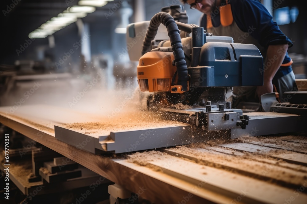 A milling machine is working on the construction site, Trimming the wood to a flawless finish.