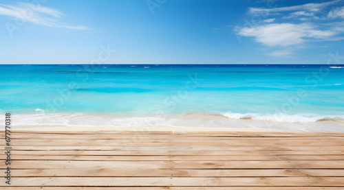 A serene beach view from a wide empty wooden deck, clear blue skies above turquoise waters. Great place for product placement