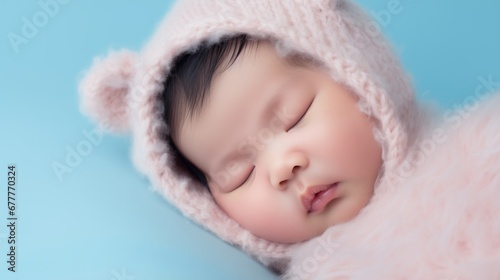 close up of Cute asian newborn sleeping on furry cloth