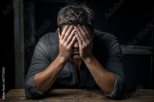 Man in holding his head on plain dark background. Concept of despair, depression, problems