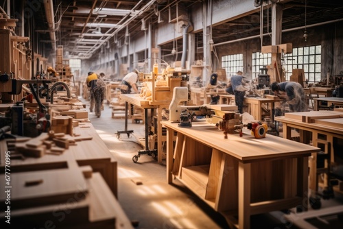 The workers are carefully making fine wooden furniture in the carpentry factory, Wood processing, Wooden furniture. photo
