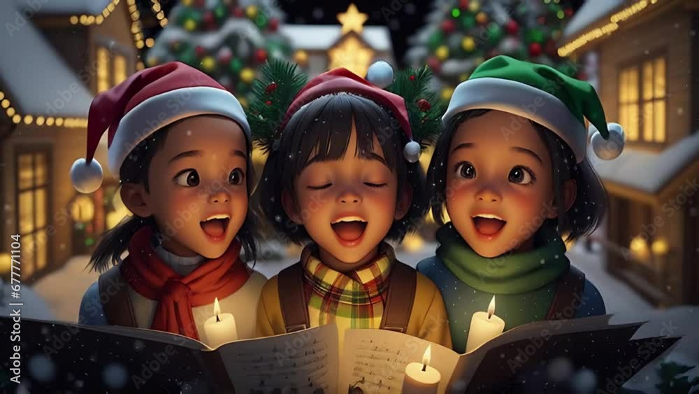 3  Girls Singing.  Generative AI. Video of three animated cartoon Asian girls singing outdoors in the snow at Christmastime.