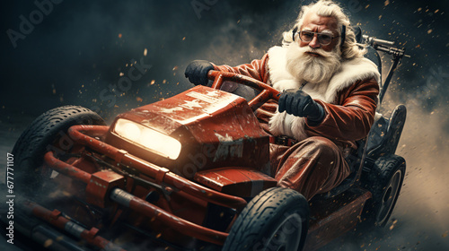 santa claus riding a speeding dragster. ai generative