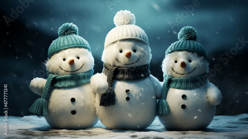 three Snowmen in Winter Hat. ai generative photo