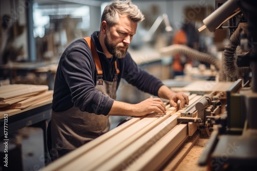 Carpenter at work at a machine in a modern woodwork factory.