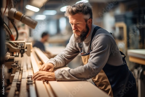 Carpenter at work at a machine in a modern woodwork factory.