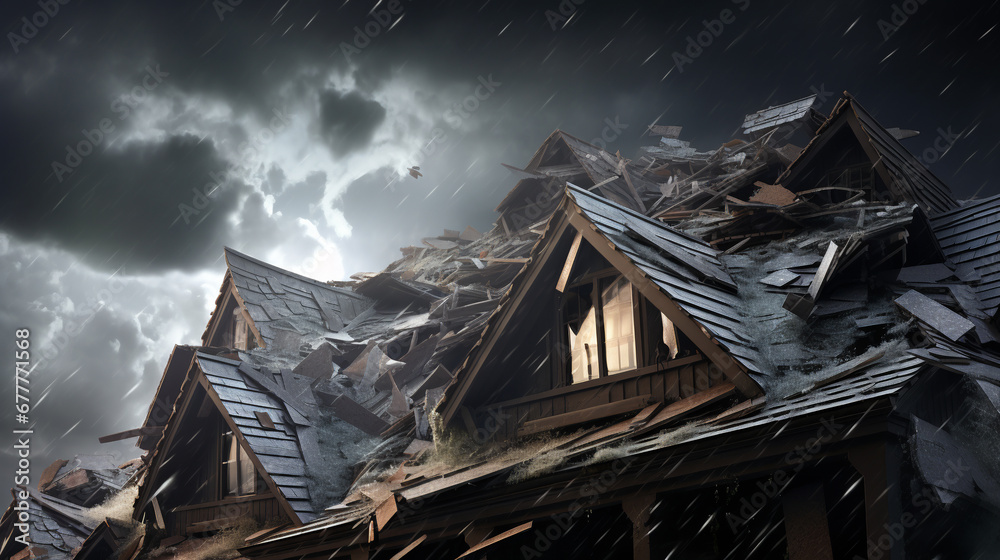 roofs and windows of houses being damaged by hail and high winds. ai generative - obrazy, fototapety, plakaty 