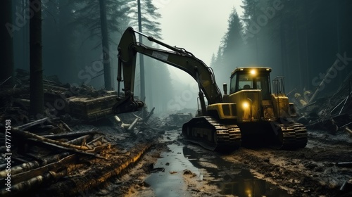 A giant bulldozer pushing trees in a devastated rainforest.