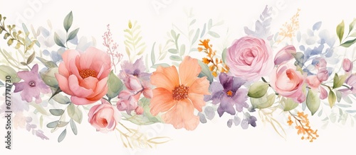 The hand painted watercolor illustration of a beautiful floral design with summer flowers delicate leaves and a lovely garden serves as an exquisite background for the nature inspired weddi