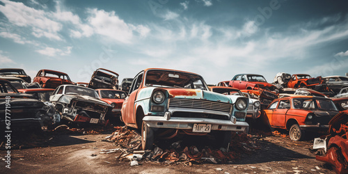 Old damaged cars on the junkyard waiting for recycling. Pile of discarded old cars. ai generative