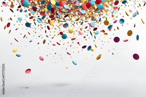Confetes de carnaval caindo do céu. confete colorido de festa carnavalesco. Comemoração com vários papeis picados flutuando. photo
