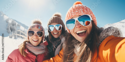group of cheerful friends on winter vacation. in ski equipment at the resort. ai generative photo