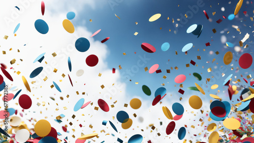 Confetes de carnaval caindo do céu. confete colorido de festa carnavalesco. Comemoração com vários papeis picados redondos flutuando com céu de nuvens de fundo. photo