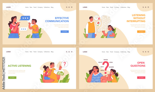 Effective communication web or landing set. Parents and children showcase key communicative skills. Listening without interrupting, active listening, deep conversations. Flat vector illustration