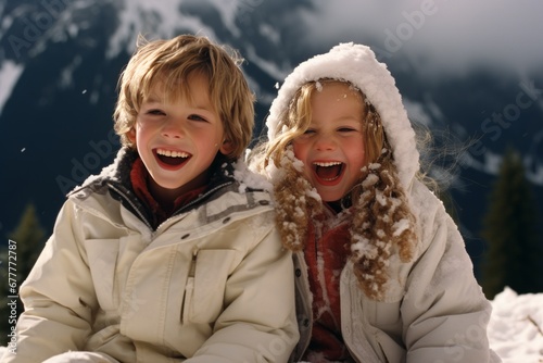 Excited children, full of delight, happily play in snow against background of snow-covered forest