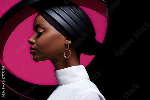 A stylish young woman with a turban, expressing beauty and cultural elegance in a studio portrait. photo