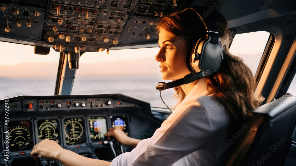 Airline pilot woman in cockpit of commercial airplane. Stock Photo ...
