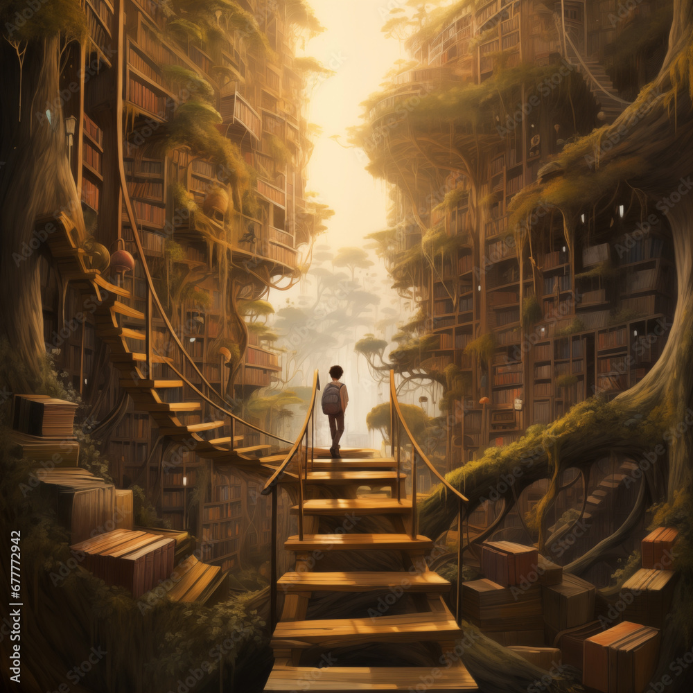 Watercolor illustration of a large tree of knowledge - Fantasy abstract surreal library - wood stairs - boy silhouette - back to school  - obrazy, fototapety, plakaty 