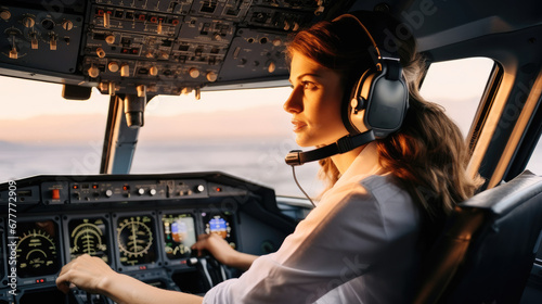 Airline pilot woman in cockpit of commercial airplane. photo