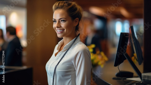 Receptionist assisting a hotel guest at hotel reception desk.