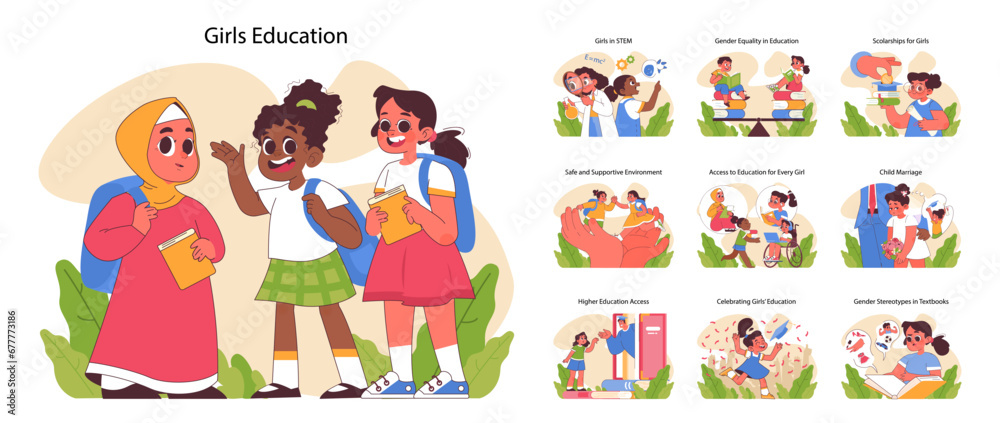 Girls education set. Diverse girls engaging in learning activities. Girls in STEM, gender equality, scholarships, supportive school environment. Challenges in girls education. Flat vector illustration