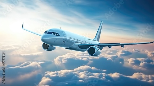 Aerial view of charter private jet flying above white clouds in a clear sunny day.