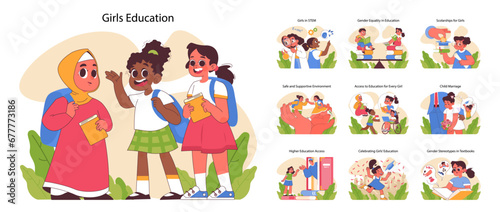 Girls education set. Diverse girls engaging in learning activities. Girls in STEM, gender equality, scholarships, supportive school environment. Challenges in girls education. Flat vector illustration