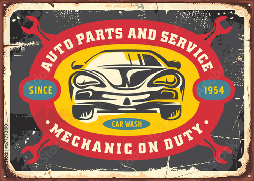 Auto parts and car service retro sign design concept. Nostalgic poster design for garage with car graphic. Transportation and cars vector illustration.