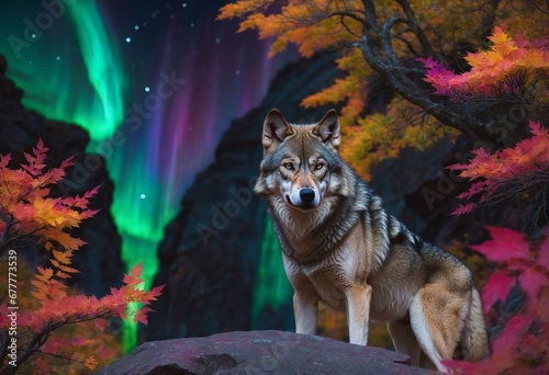 Lone Wolf with Northern Lights and Autumn Leaves © AIris