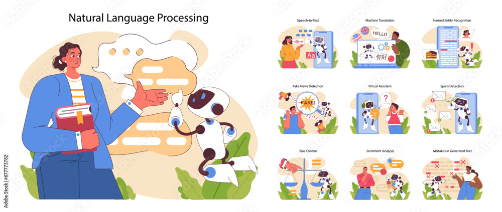 Natural language processing concept. Interactions between humans and AI across various applications. Educational and technological advancements. Artificial intelligence. Flat vector illustration