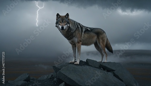 Lone Wolf in a Dramatic Landscape with Lightning © AIris