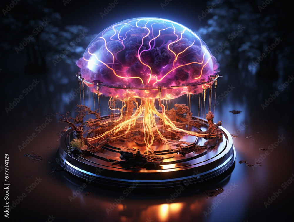Obraz premium The bewitching brain of artificial intelligence Neon light thinking process