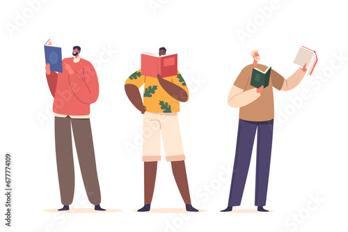 Diverse Male Characters Engrossed In Books, Representing Various Ages, And Interests, United By The Love Of Reading