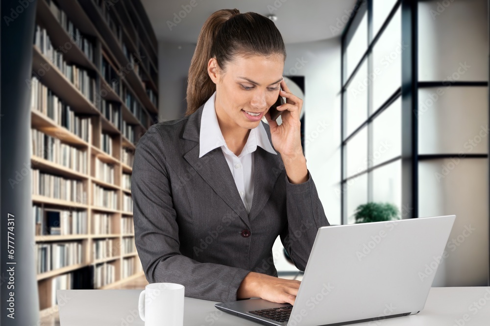 Cheerful businesswoman working in modern office, AI generated image Cheerful businesswoman working in modern office, AI generated image