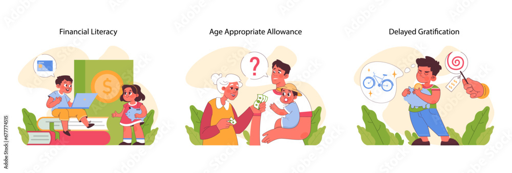 Pocket money set. Kids learning financial skills, from savings to budgeting. Allowance from parents for doing chores. Choosing between needs and wants. Financial literacy. Flat vector illustration