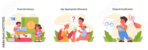 Pocket money set. Kids learning financial skills  from savings to budgeting. Allowance from parents for doing chores. Choosing between needs and wants. Financial literacy. Flat vector illustration