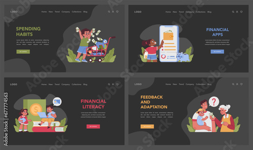 Pocket money dark or night mode web or landing set. Kids learning financial skills, from savings to budgeting. Allowance for doing chores. Financial literacy. Flat vector illustration