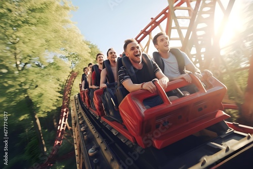 young men playing Roller Coaster at amusement park photo